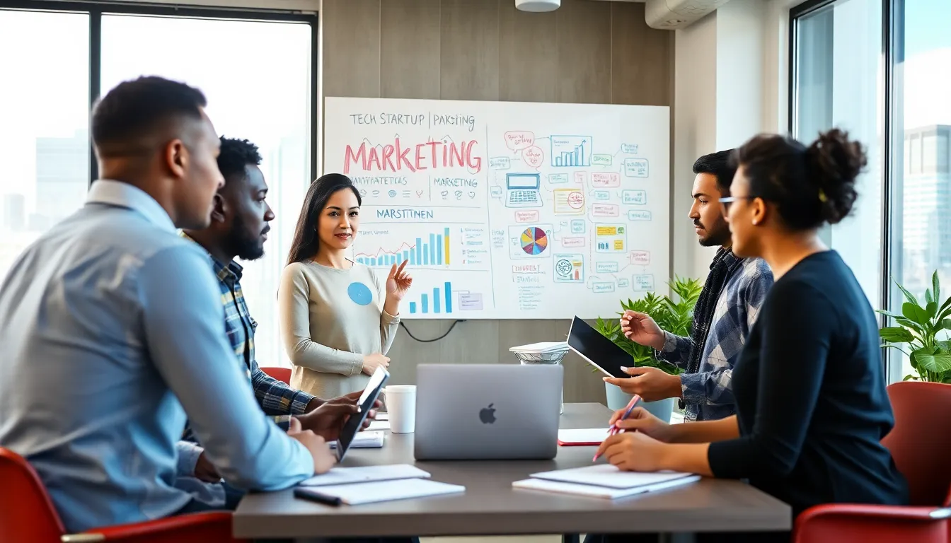 diverse marketing team brainstorming in a modern office