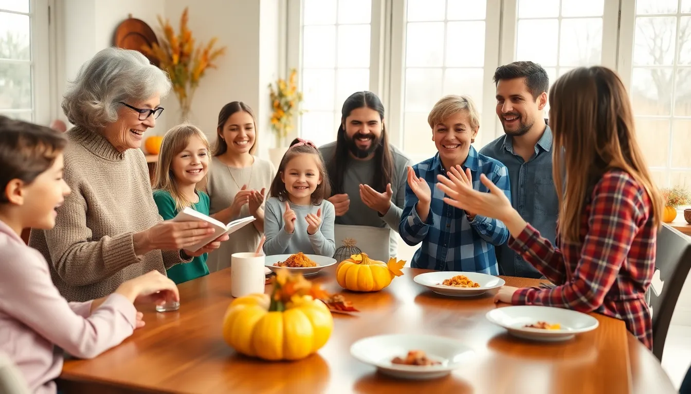 family playing games together in a warm Thanksgiving setting.