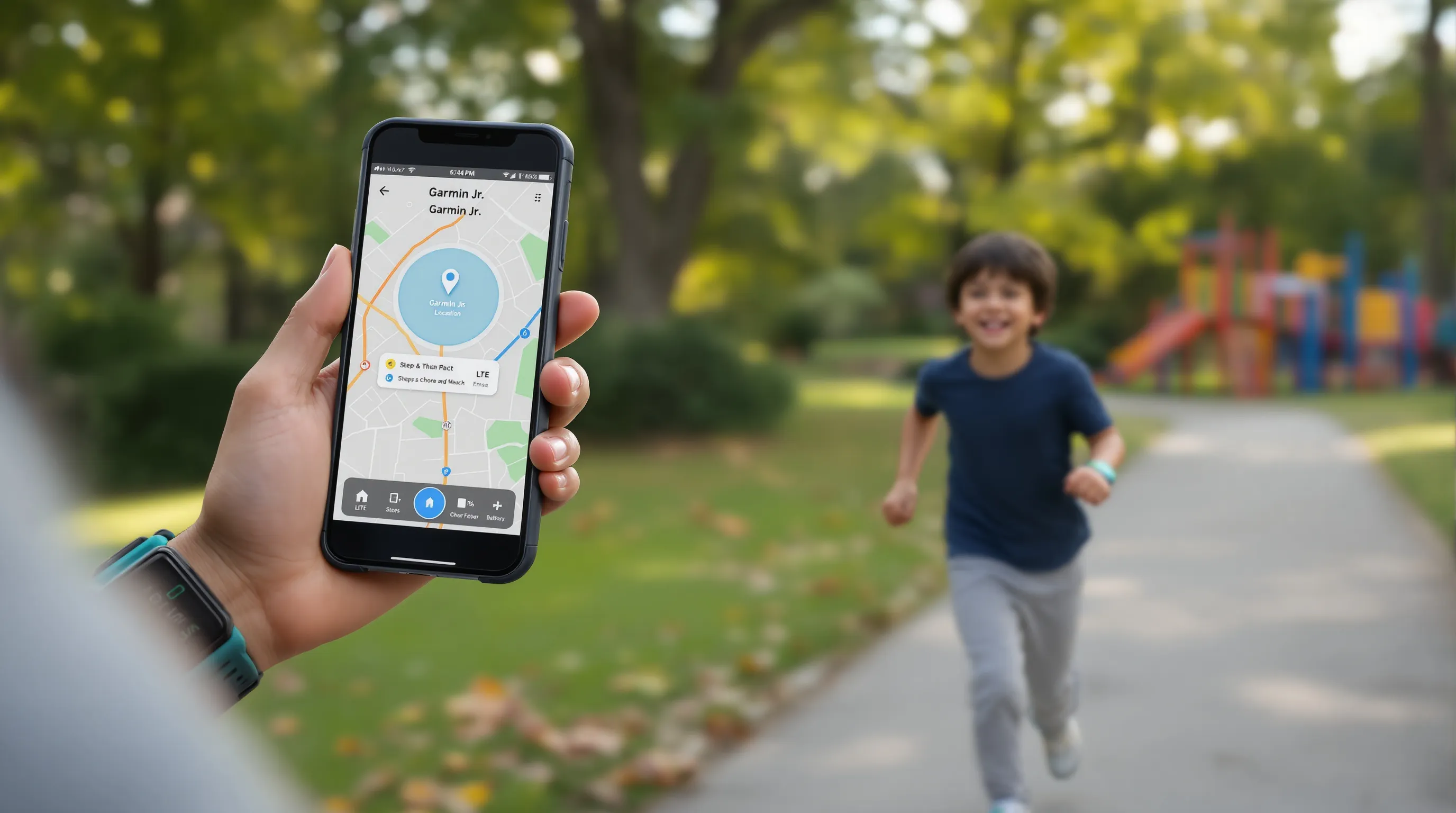 Parent tracks child’s GPS kids smartwatch at a suburban park in sunlight.