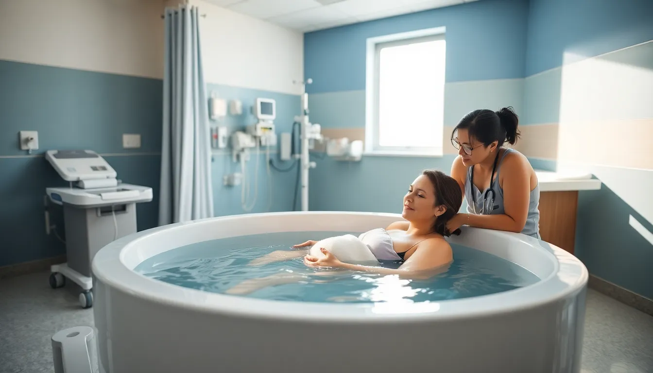 healthcare team supporting a mother during a hospital water birth.