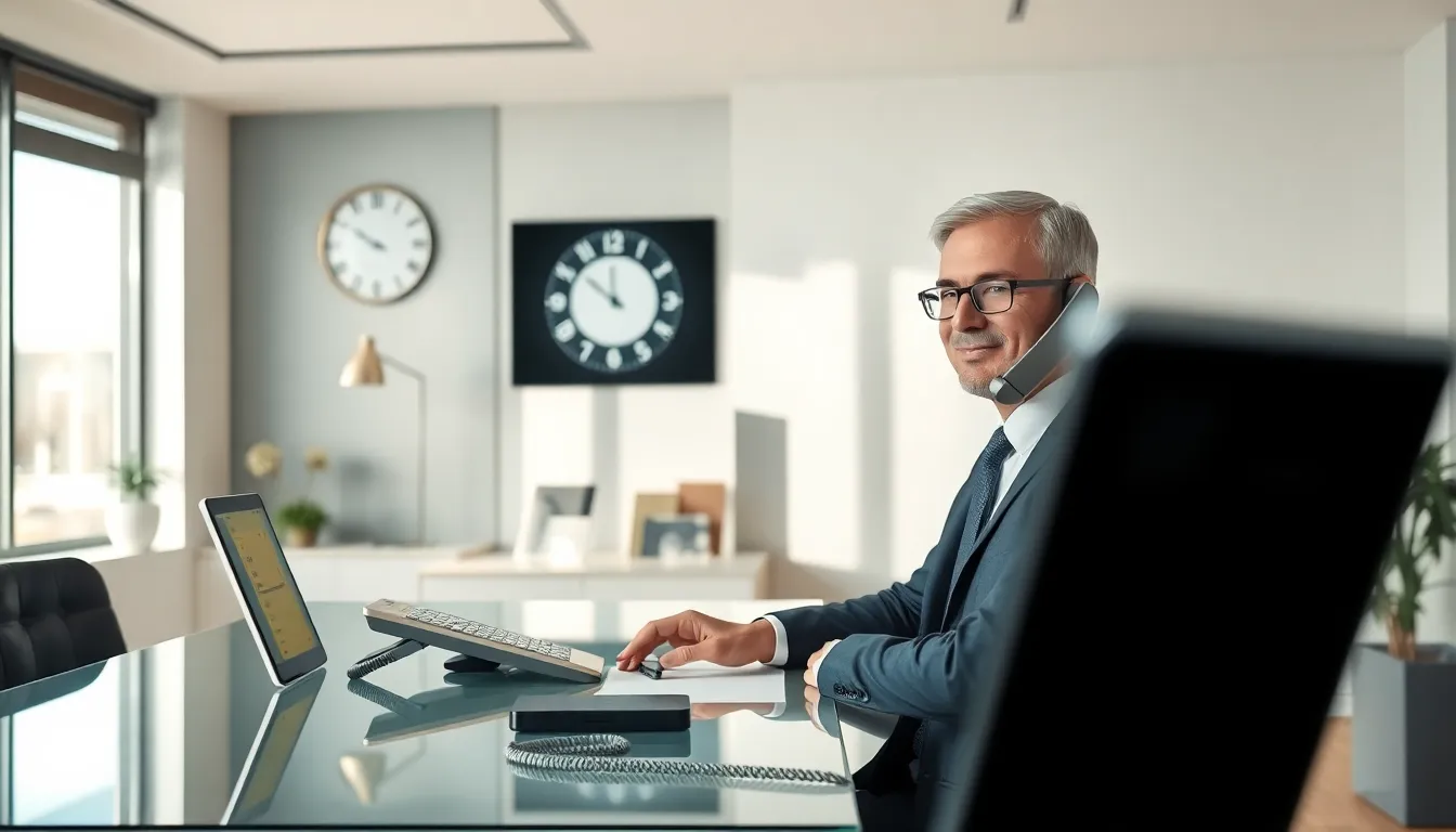 professional answering a phone in a modern office setting.