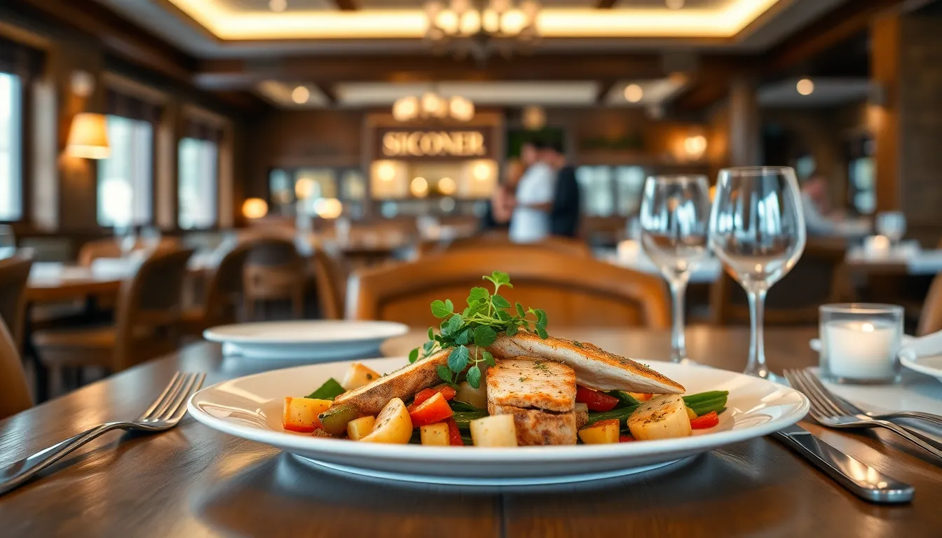 seafood dish in a cozy coastal restaurant setting.
