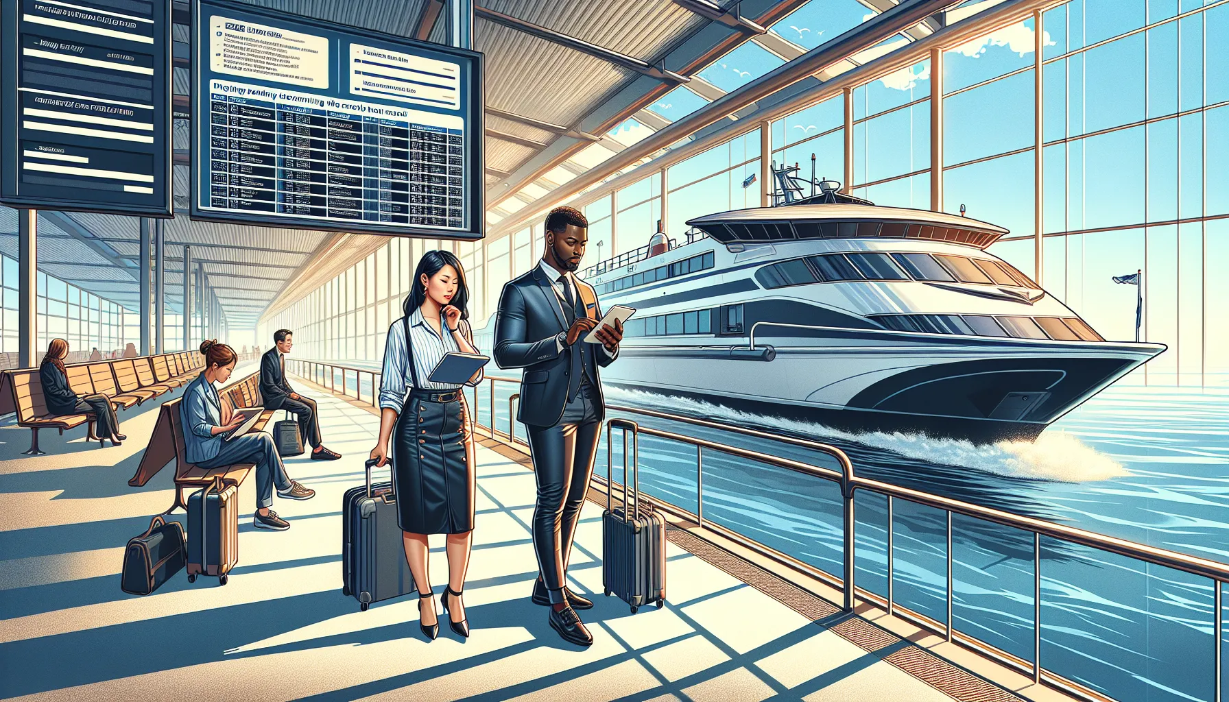 travelers at a ferry terminal checking schedules and prices.