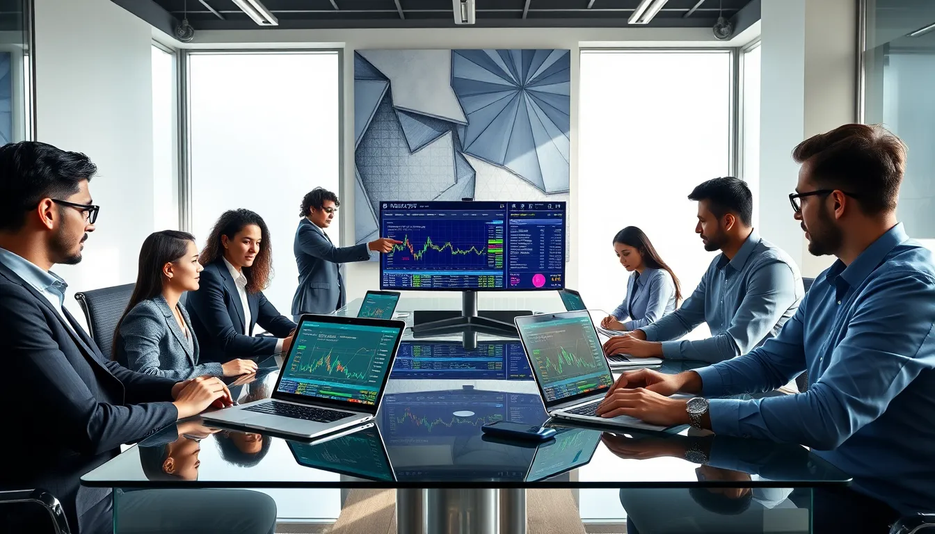 diverse team trading cryptocurrencies in a modern office.