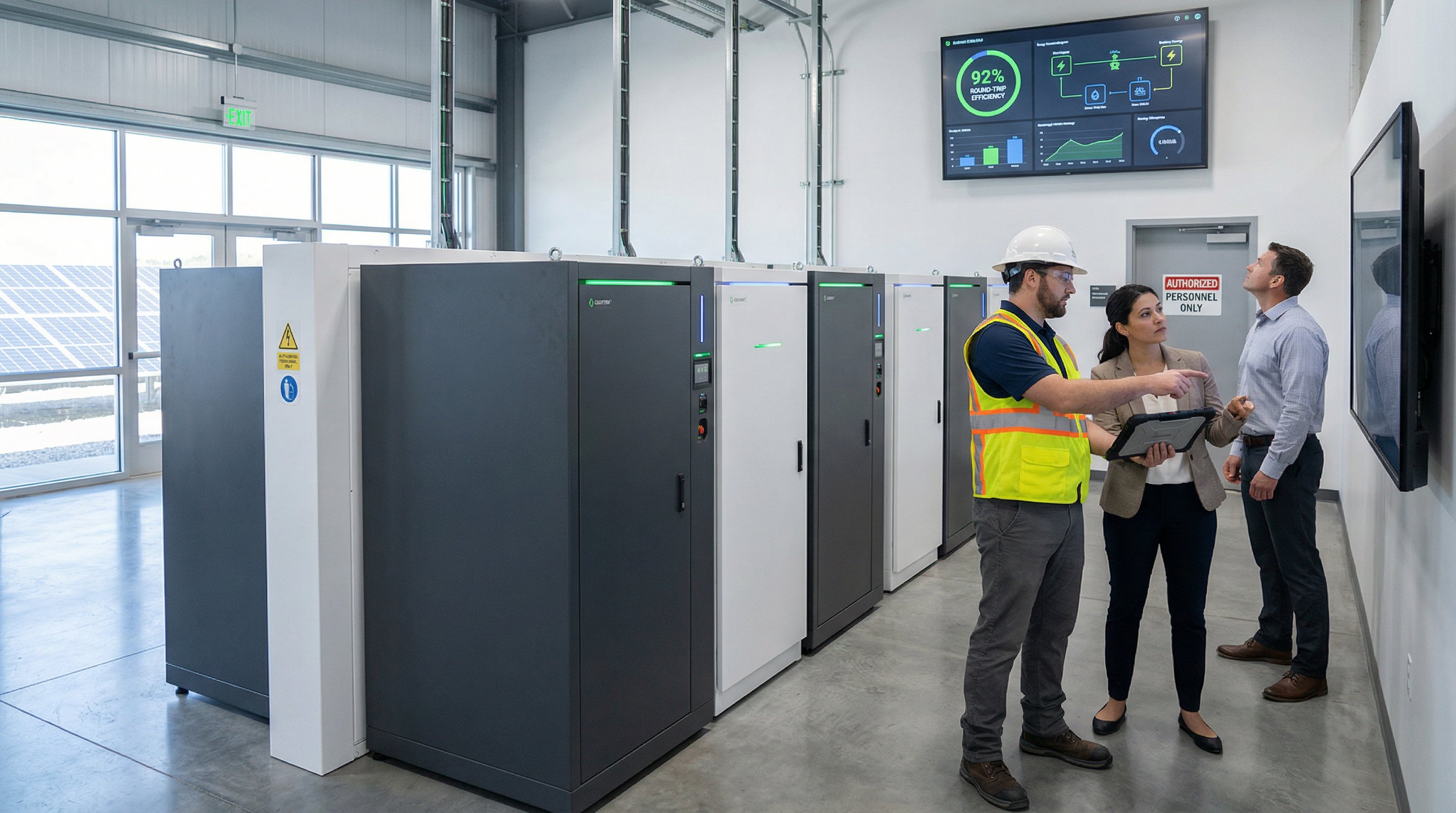 Battery energy storage system with professionals monitoring efficiency in modern facility.