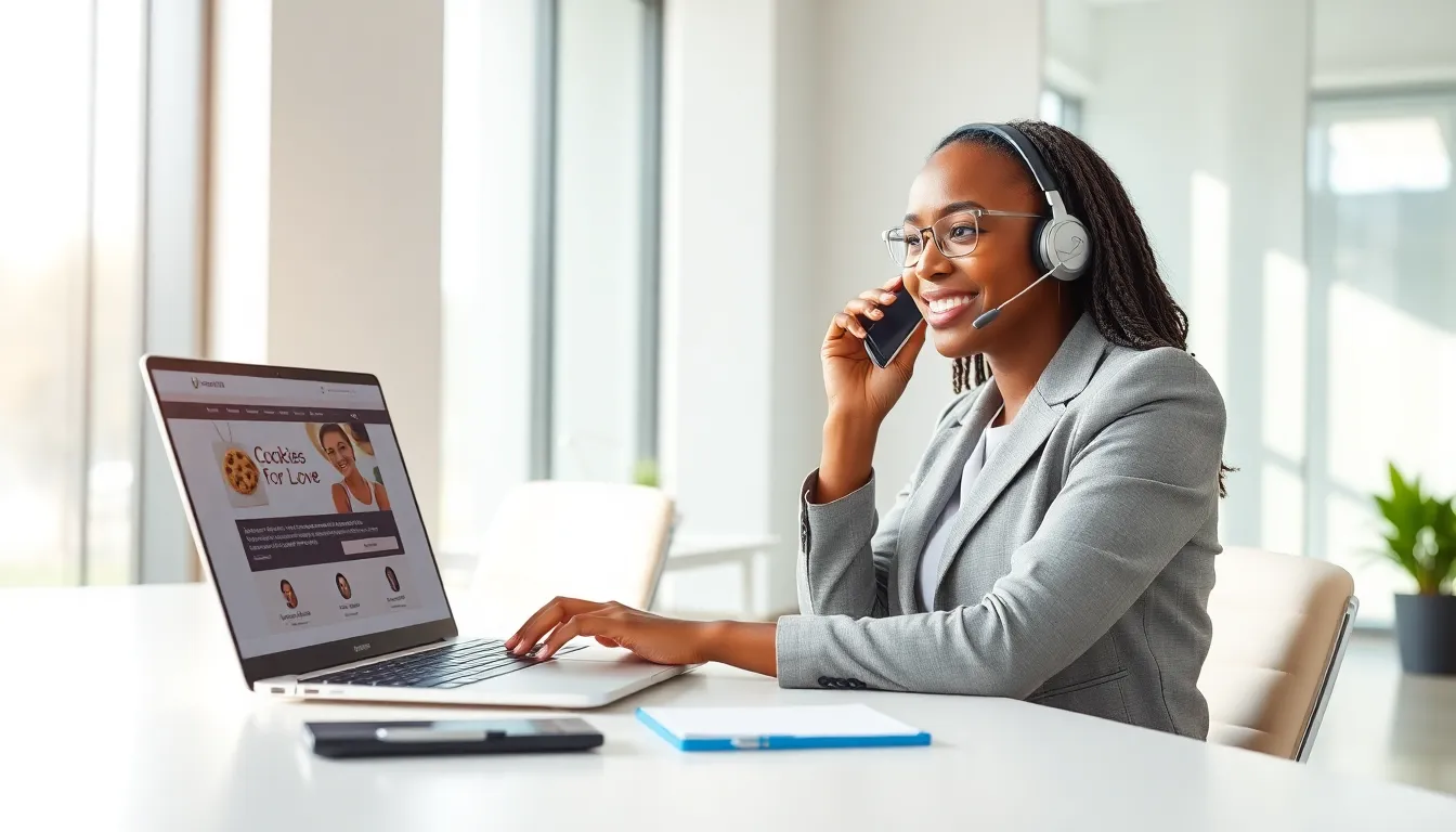 Customer service representative assisting via phone in a modern office.
