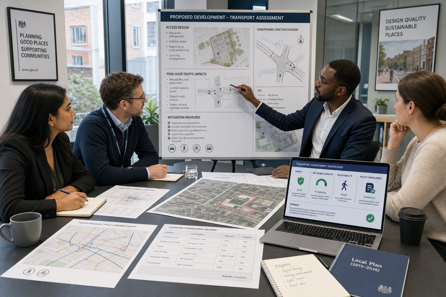 Transport planning professionals reviewing a UK development proposal in a modern office.