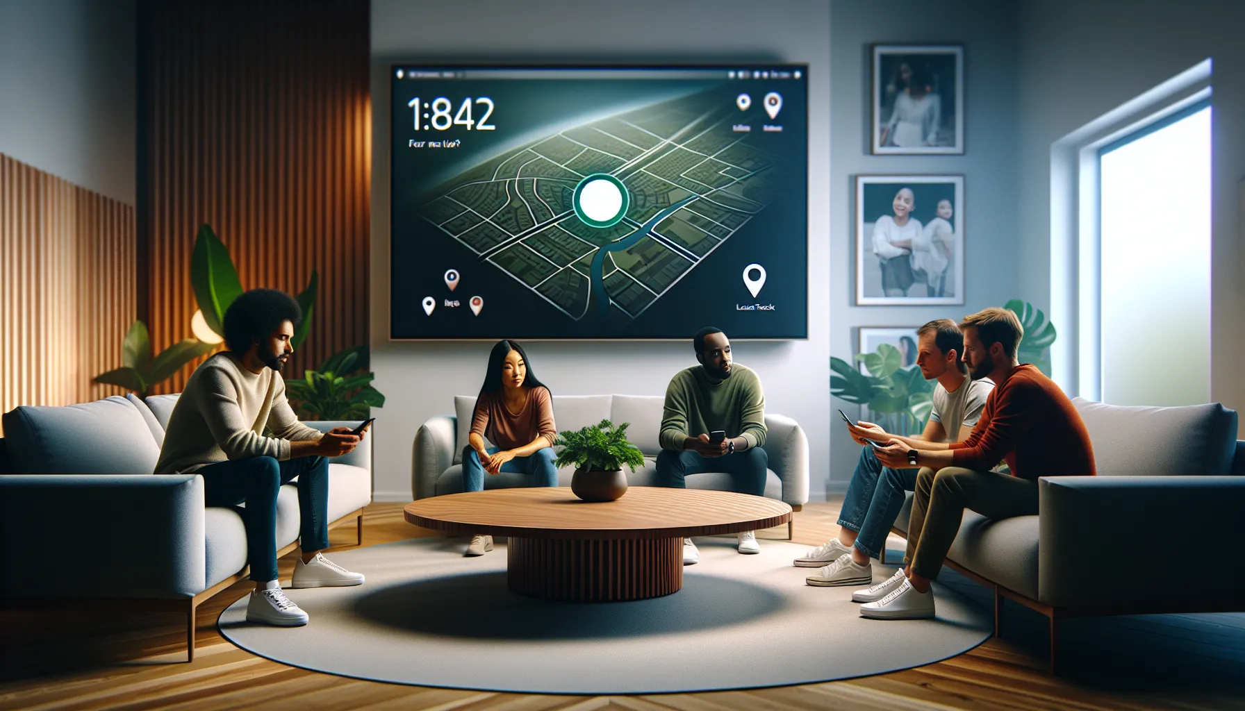 diverse family discussing Life360 in a cozy living room.