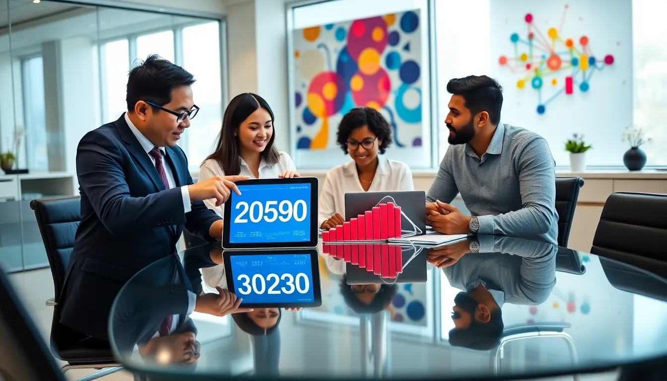 diverse professionals discussing data management in a modern office.