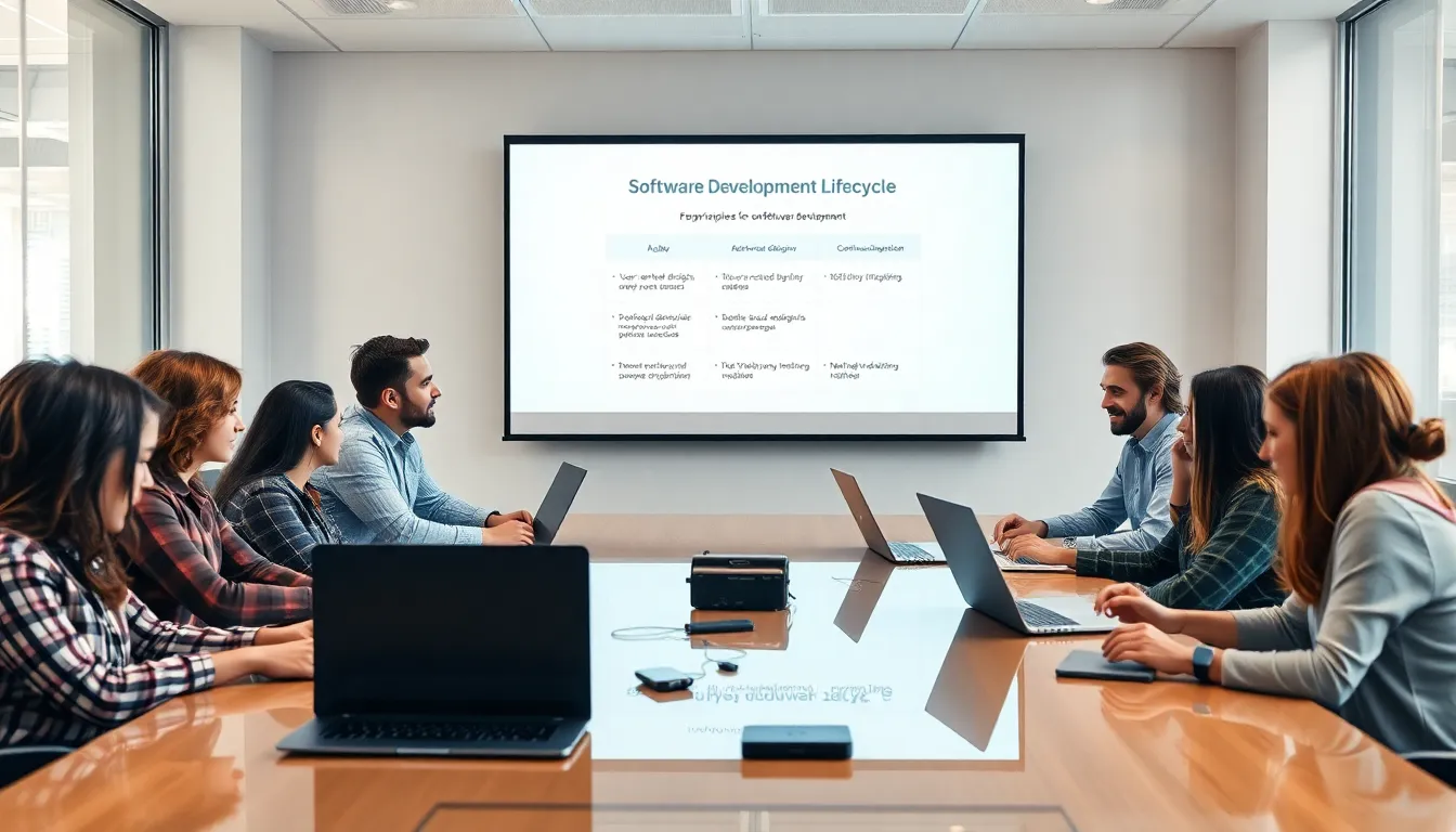 diverse team discussing software development principles in a modern office.