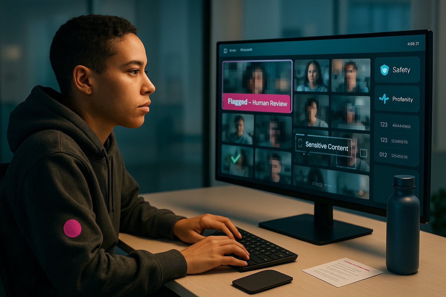 Moderator at a workstation reviewing blurred video tiles with branded safety UI.