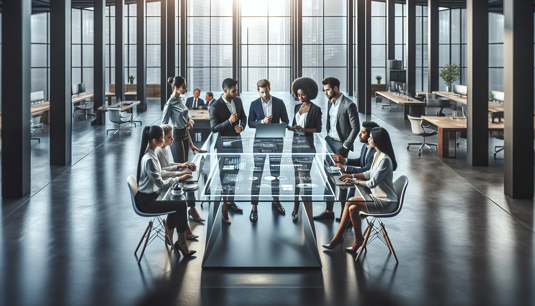 diverse team discussing technology in a modern office.
