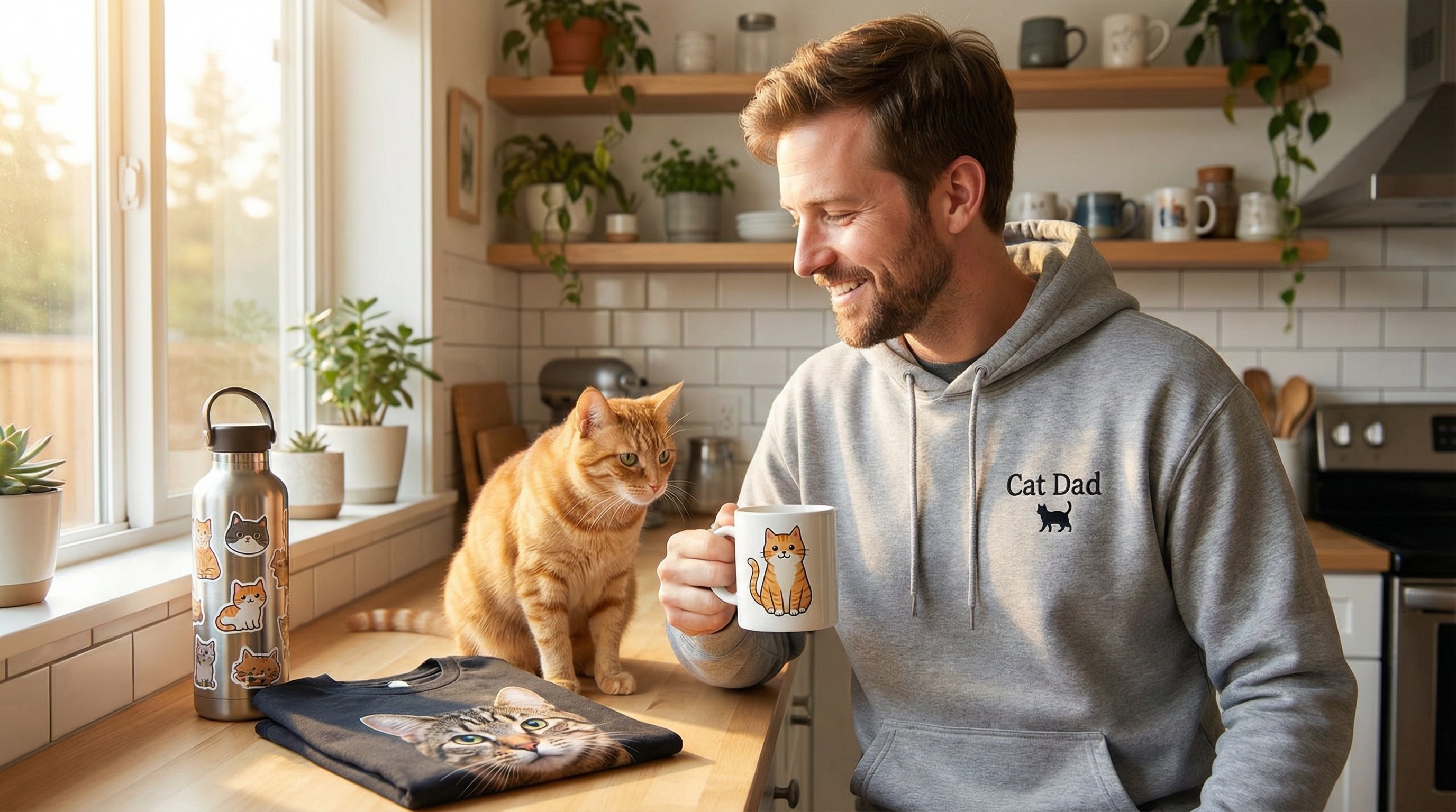 Man in a cat dad hoodie holding a cat portrait mug in a sunny kitchen.