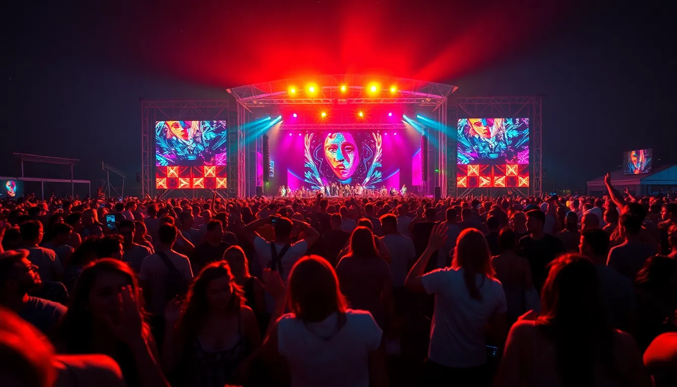 diverse crowd enjoying an EDM festival under colorful lights.
