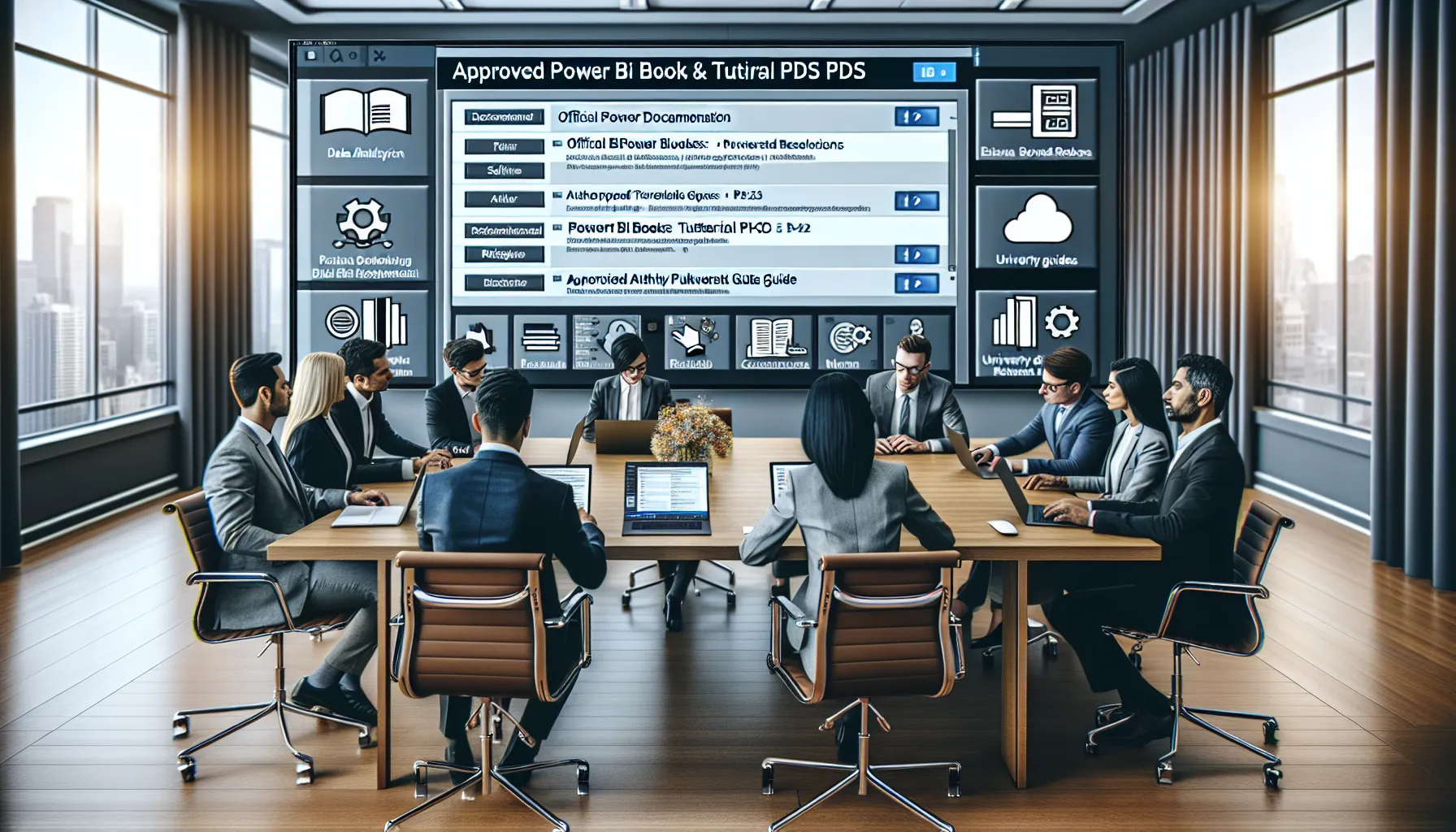 Team reviewing a secure portal of approved free Power BI books and guides.
