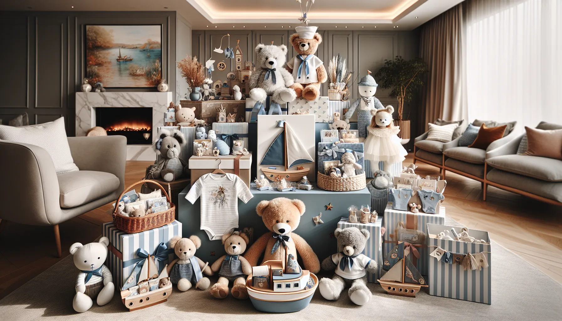 variety of themed baby shower gifts displayed elegantly.