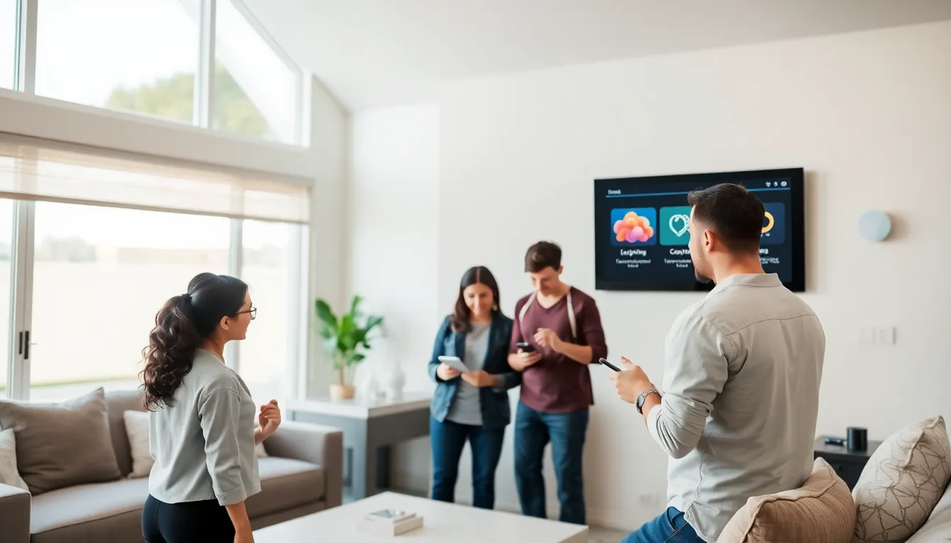 a family using home automation technology in a modern living room.
