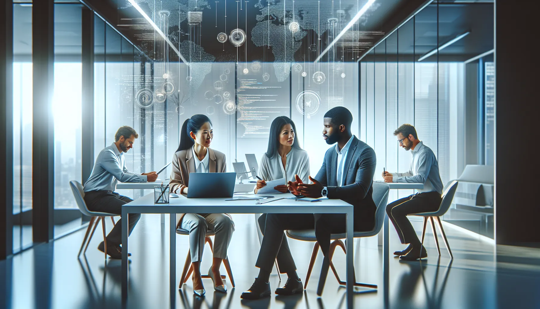 diverse team collaborating in a modern, high-tech workspace.