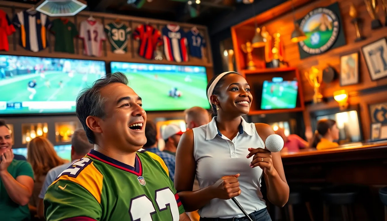 fans enjoying football and golf together in a lively sports bar.