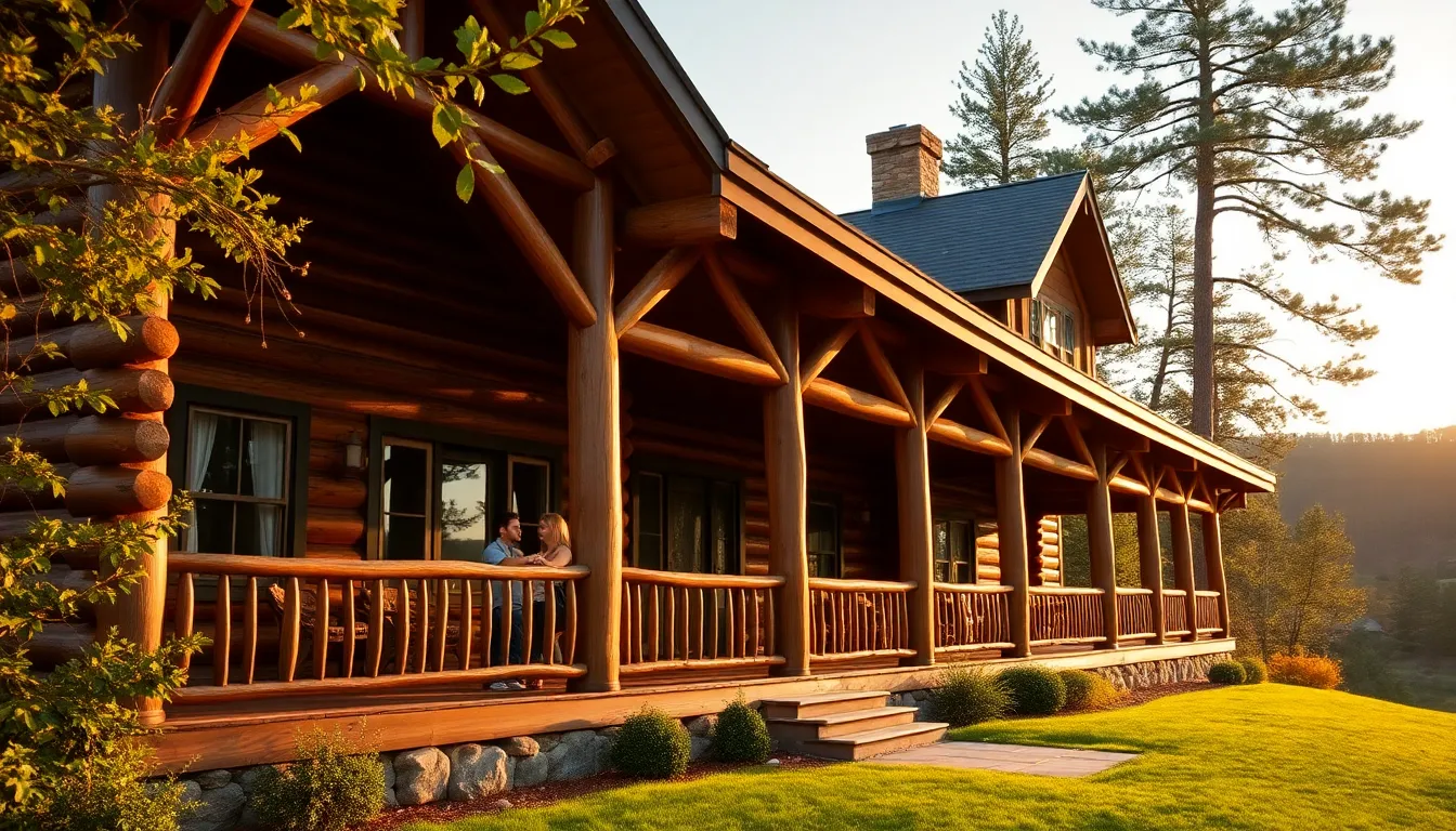 charming log home with a wrap-around porch in a natural setting.