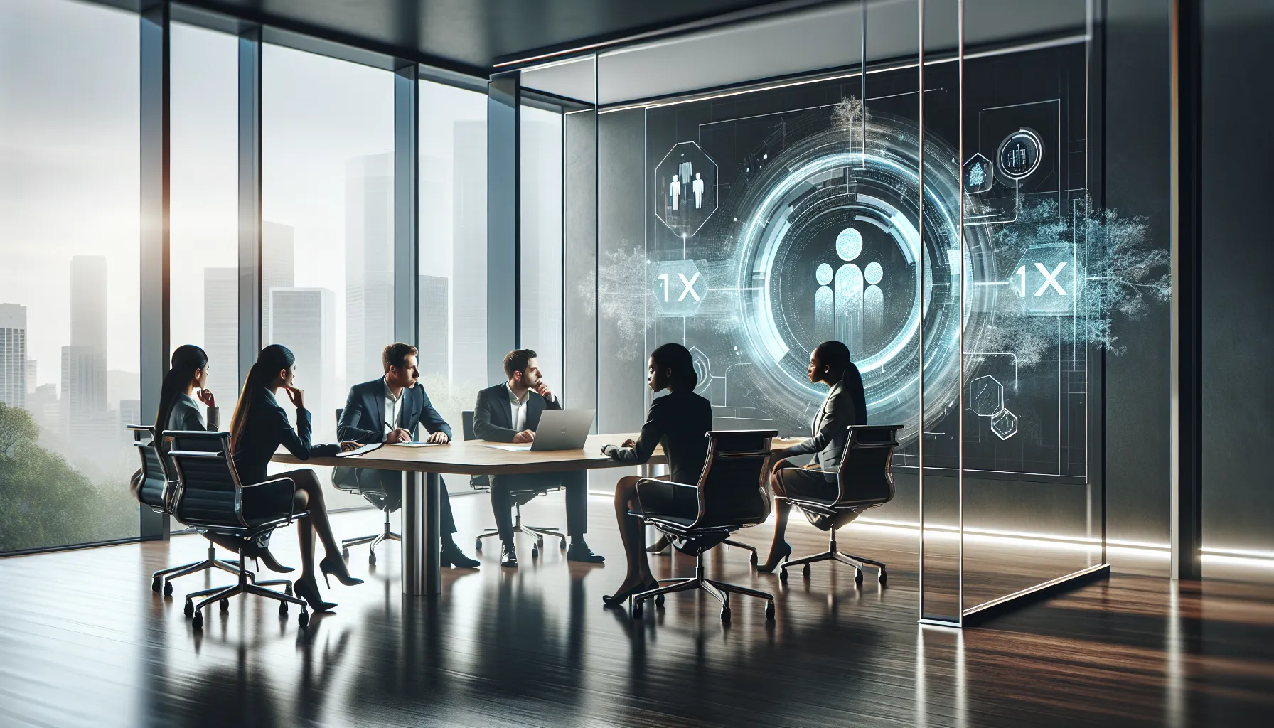 diverse team collaborating around a digital interface in a modern office.