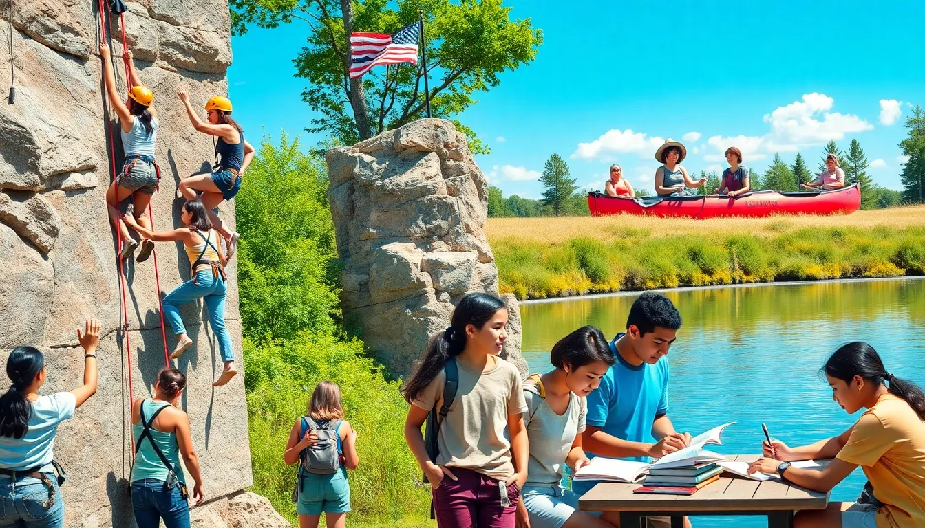 teenagers enjoying various activities at a summer camp outdoors.