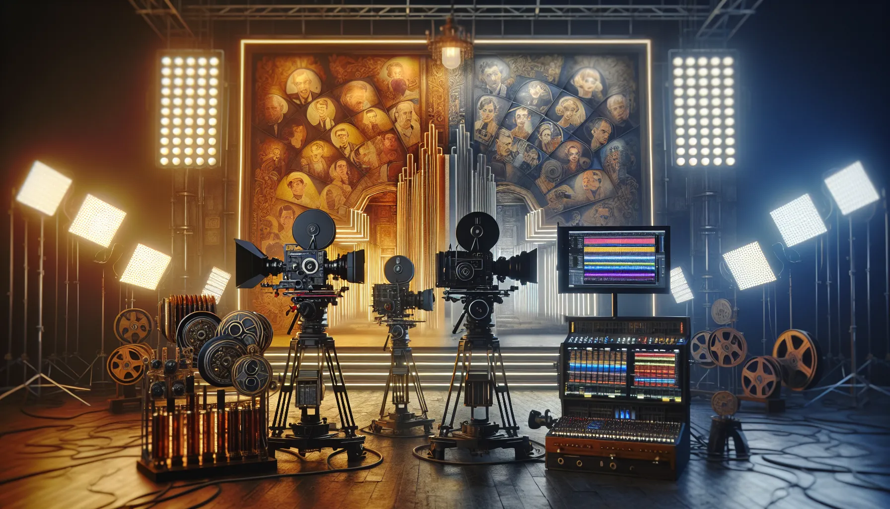 Contrasting classic and modern film cameras on a soundstage showcasing artistic evolution.