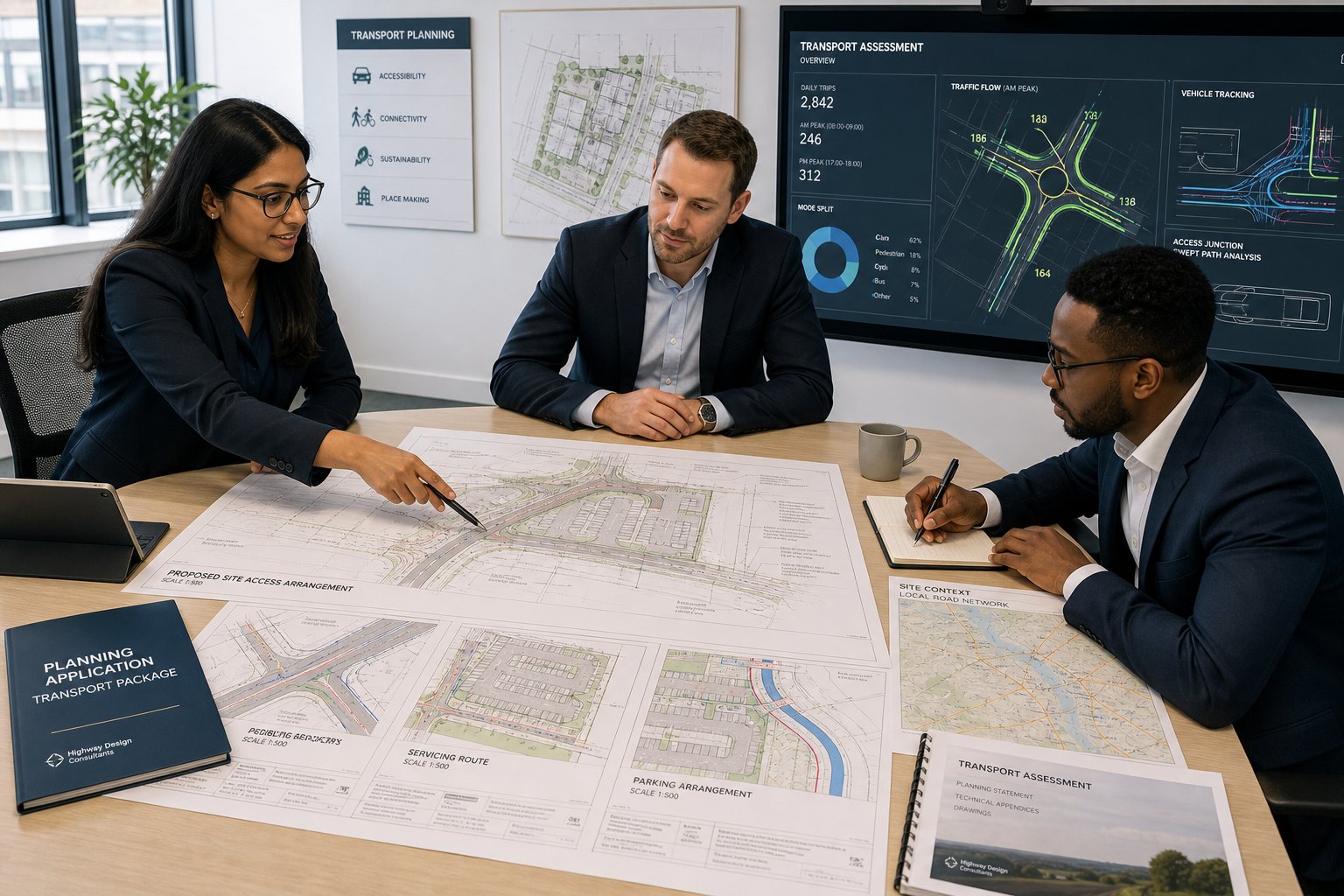 Highway design consultants reviewing access plans for a UK planning application.