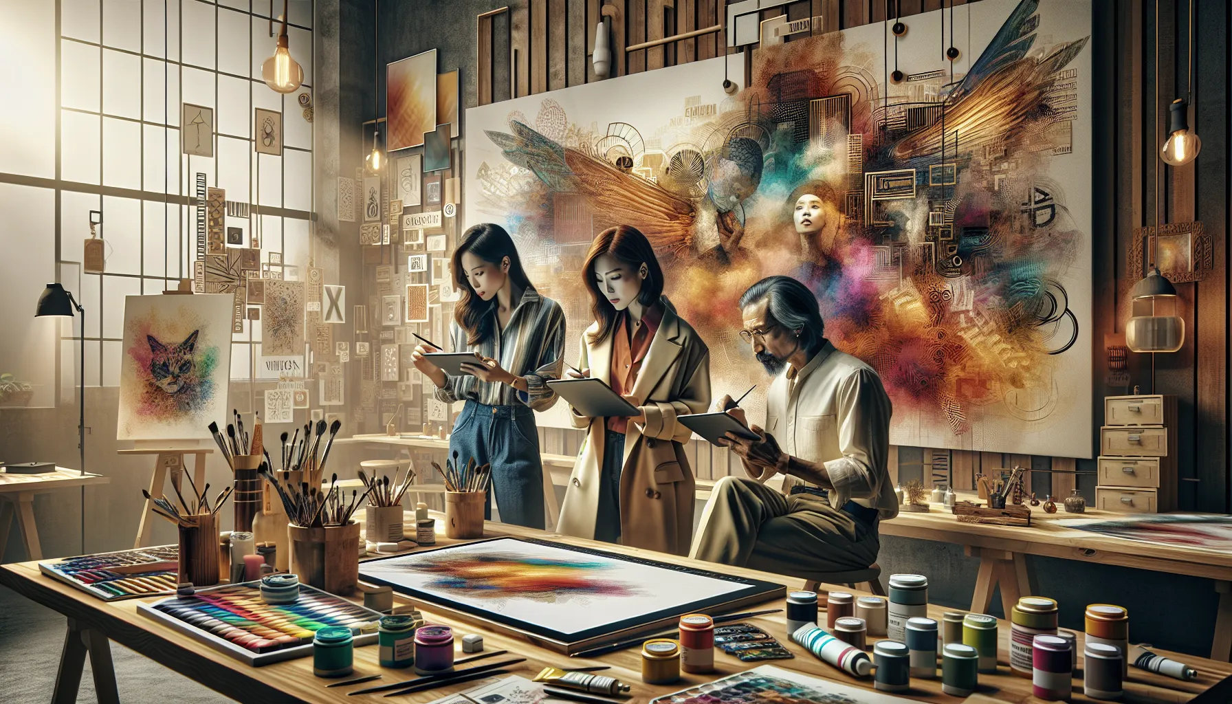 diverse artists collaborating in a modern creative studio.