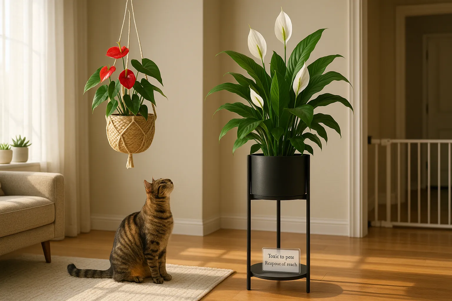 Peace lily on a stand and red anthurium hanging out of a cat's reach.