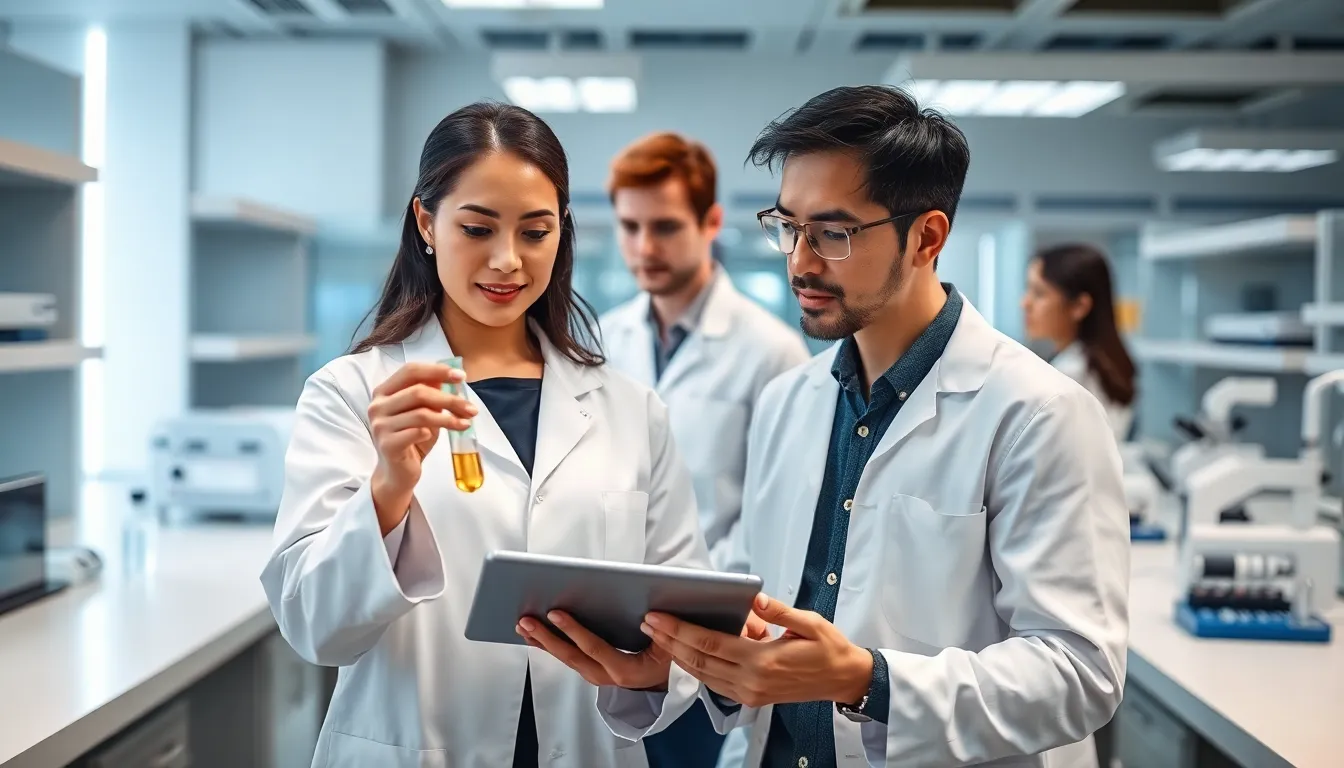 scientists analyzing glutamyltransferase levels in a modern lab.