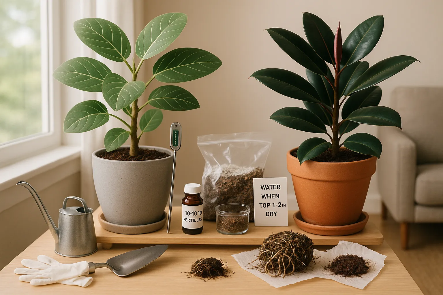 Two potted ficus plants side-by-side by an east window, with potting tools.