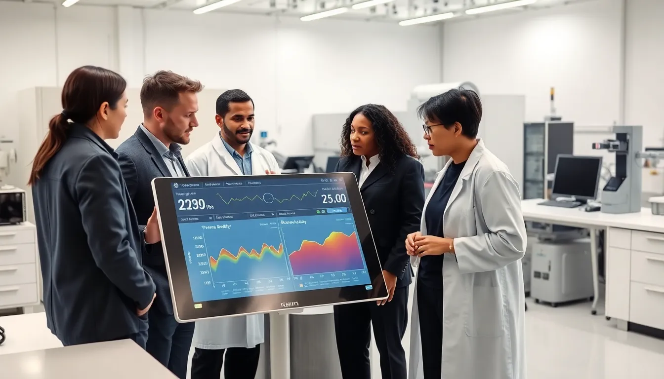 team analyzing high-tech material in a modern lab.