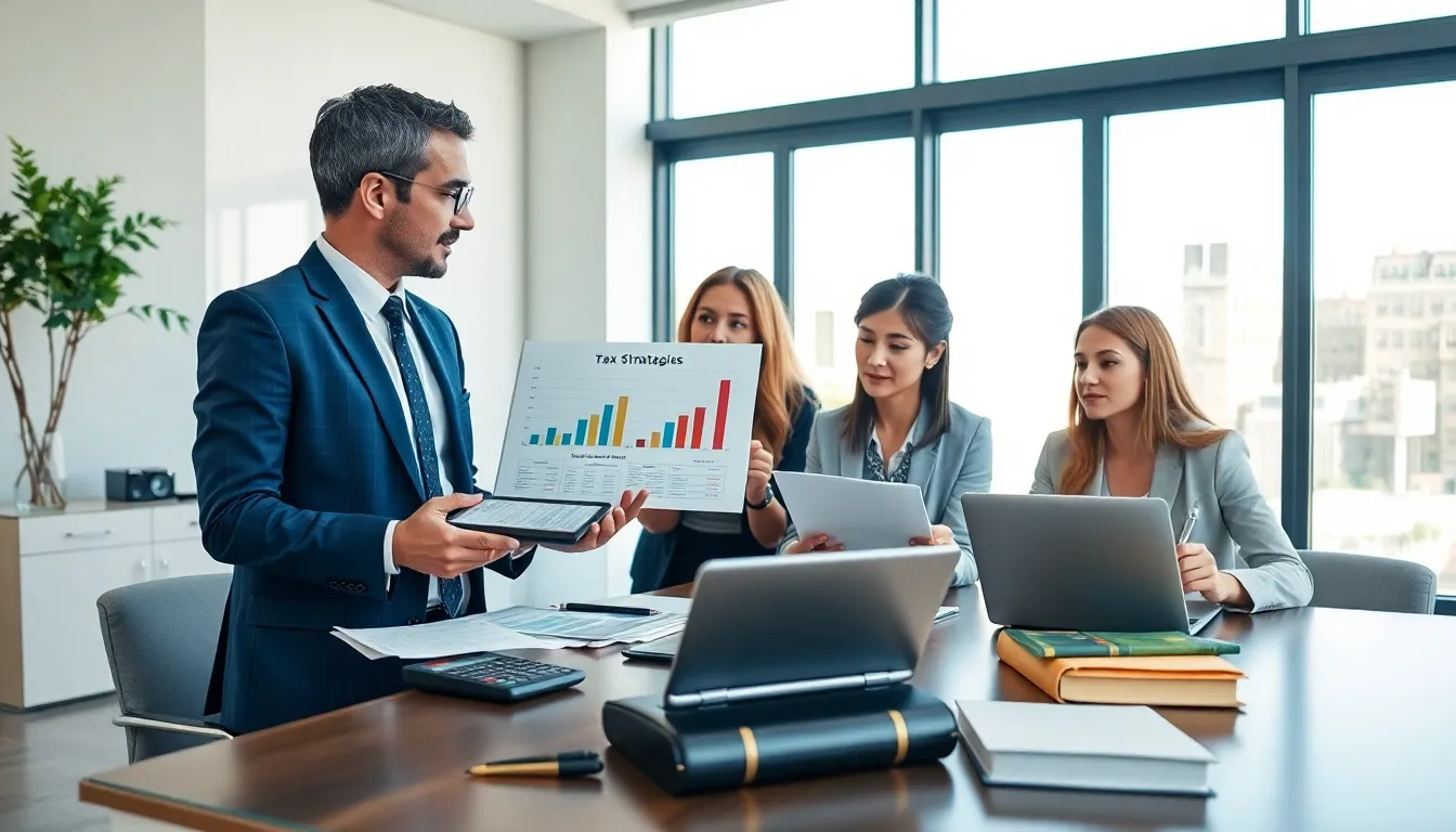 professionals discussing legal tax avoidance strategies in a modern office.