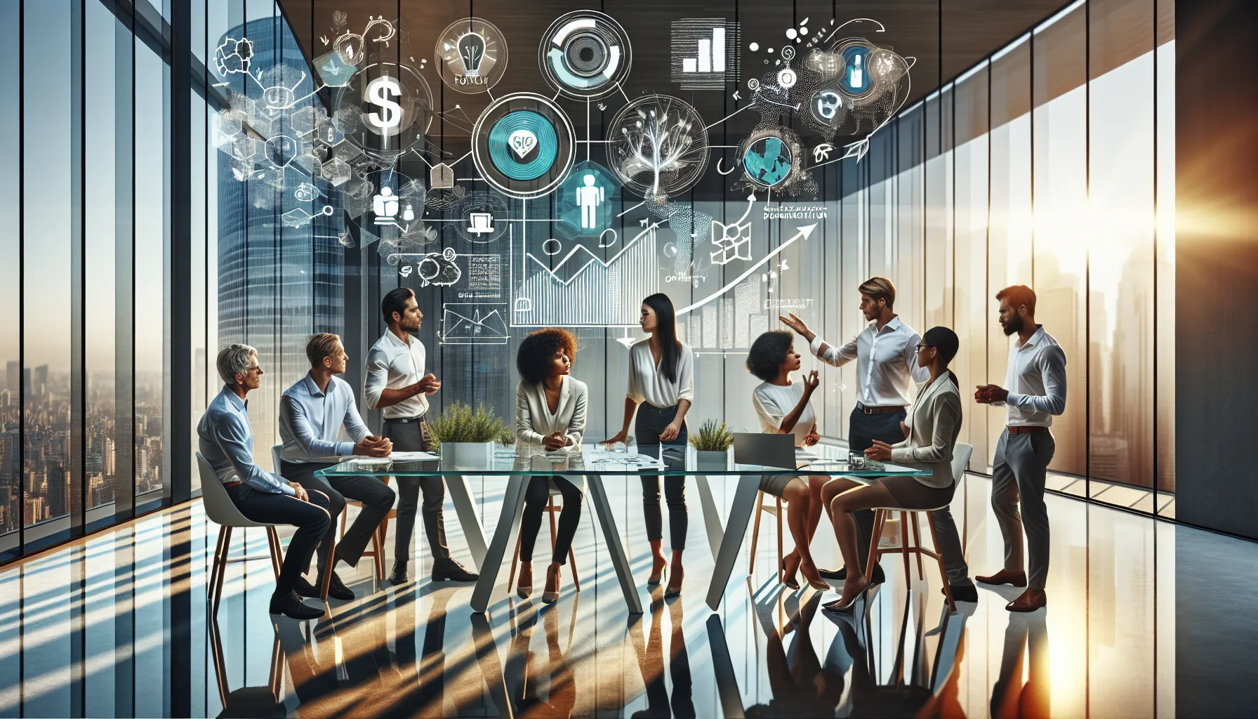 Professionals discussing the concept of money disquantification in a modern office.