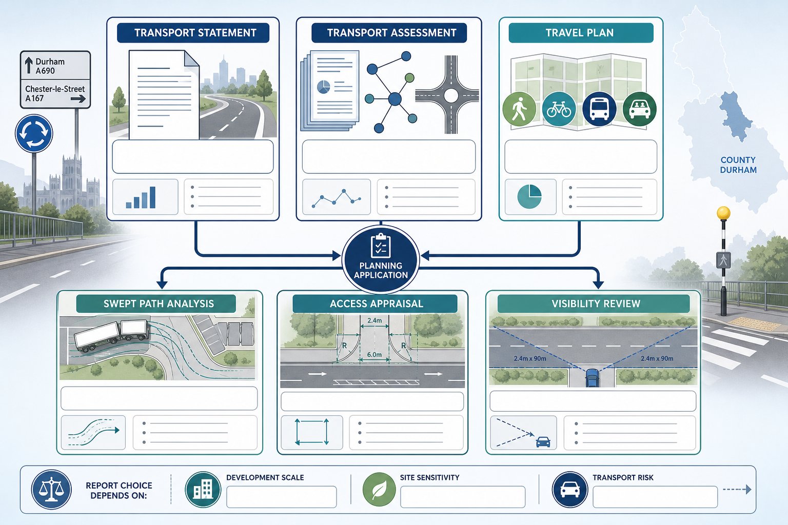 Infographic showing key traffic engineering reports for Durham planning applications.