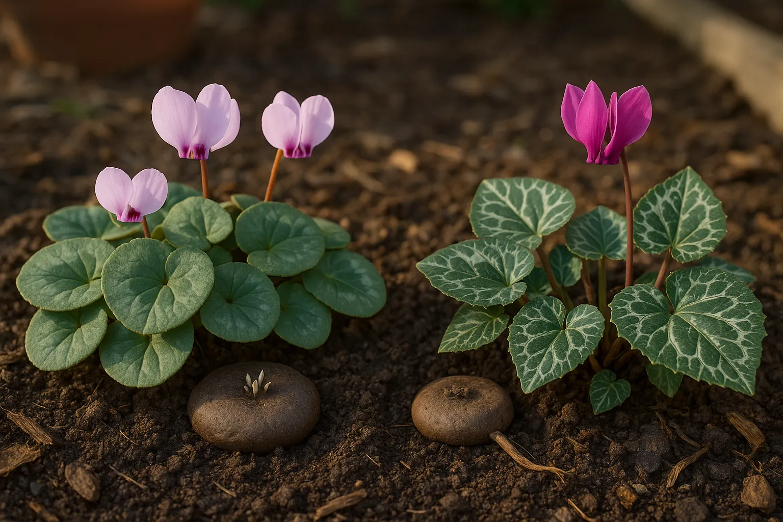 Side-by-side close-up of Cyclamen coum and C. hederifolium for ID comparison.