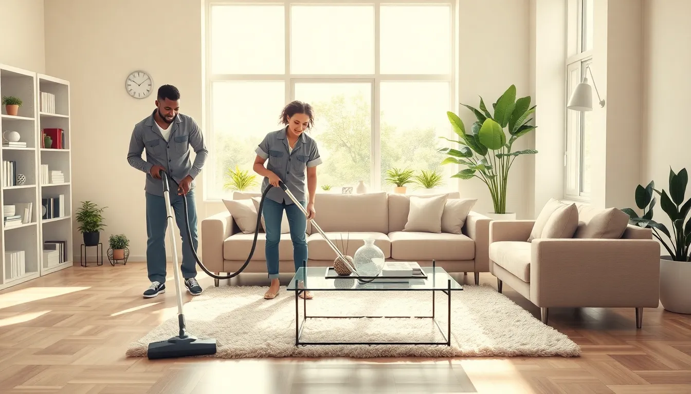 two professional cleaners in a bright, modern living room.