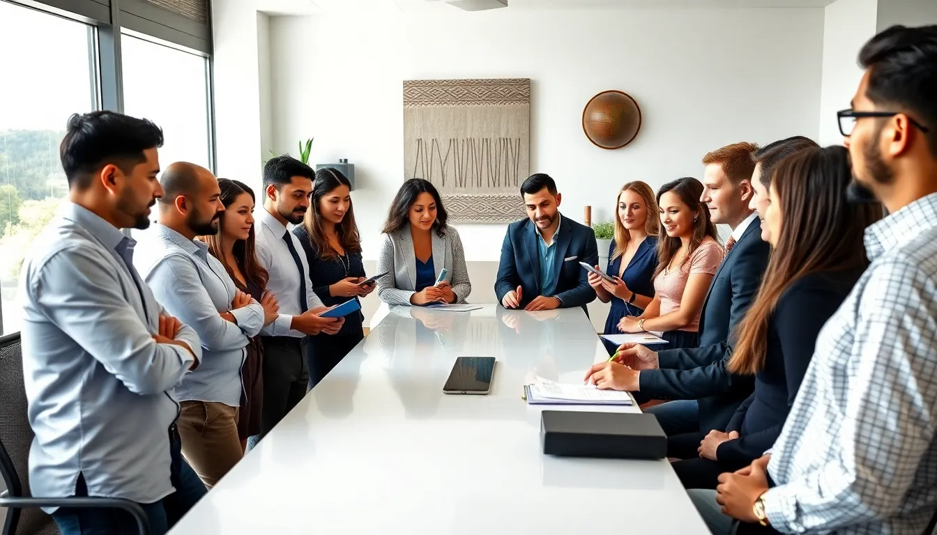 Professionals discussing Vavavalera's historical context in a modern office.