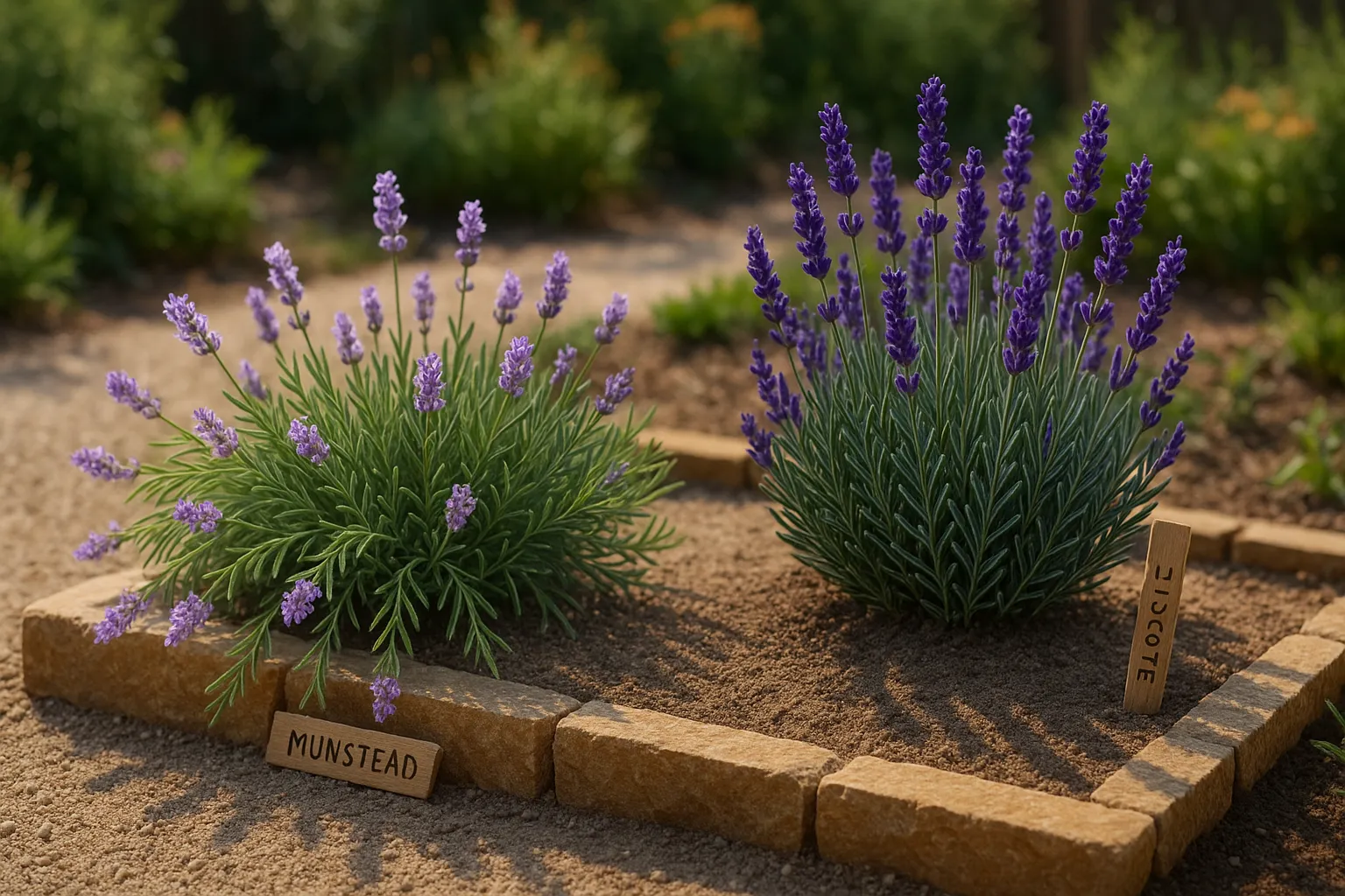 Two English lavenders side-by-side: low spilling Munstead and compact Hidcote.