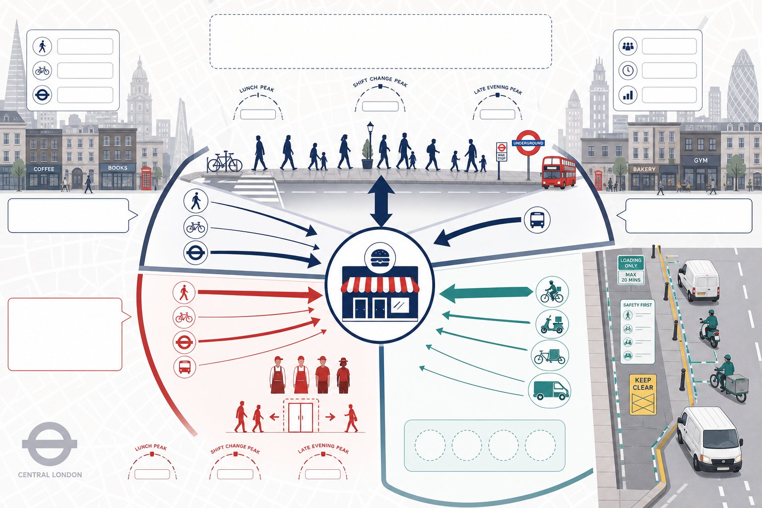 Infographic of customer, staff, and delivery trips for a car-free London fast food restaurant.