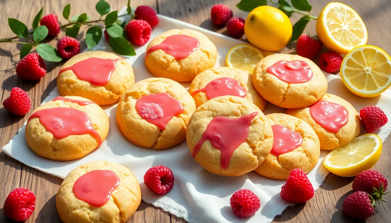 assortment of raspberry lemonade cookies on a rustic table.