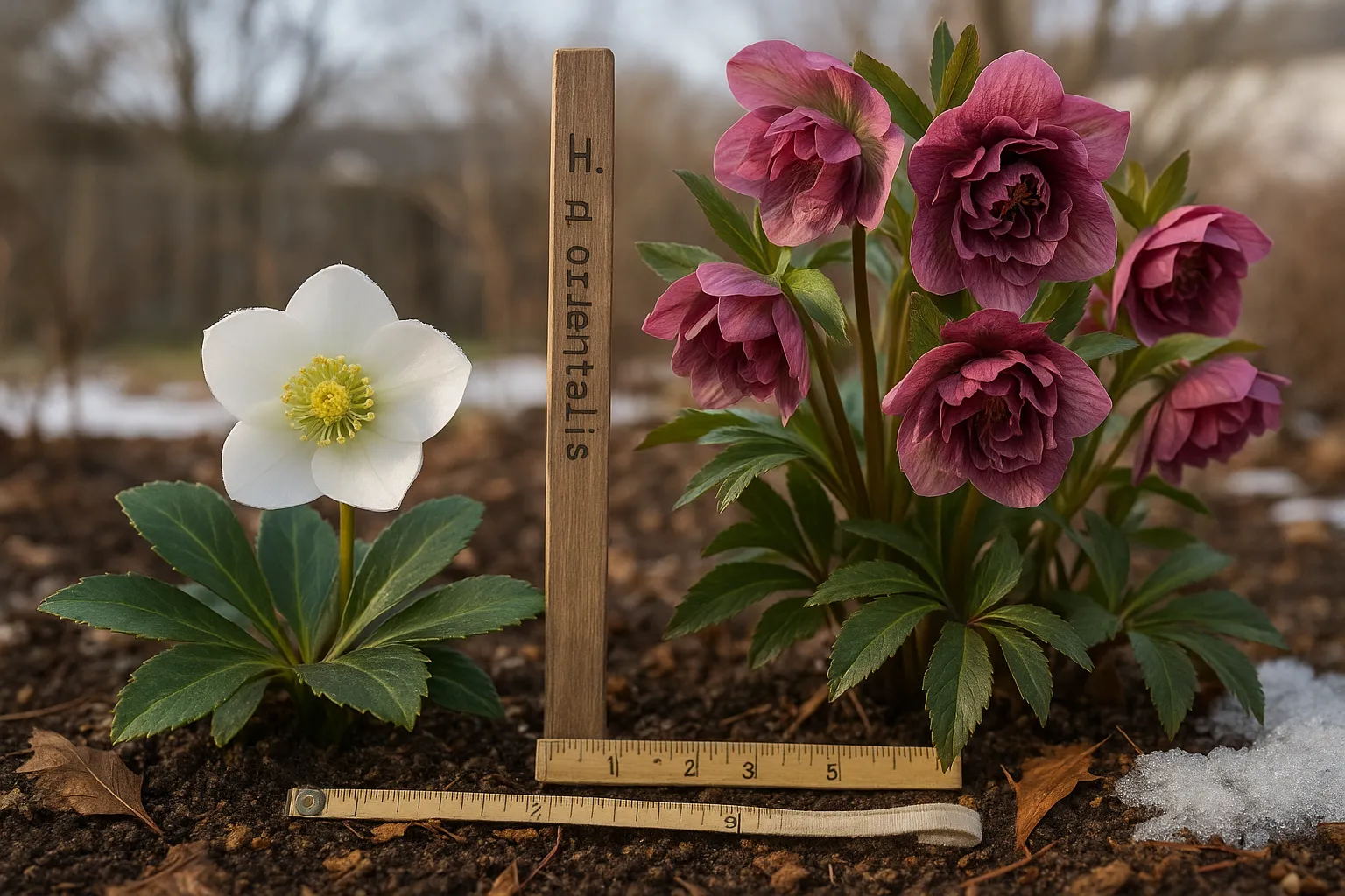 white Helleborus niger beside purple marbled Helleborus × orientalis