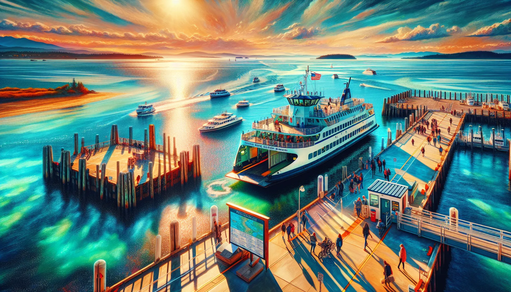 ferry boat at a marina with passengers boarding.