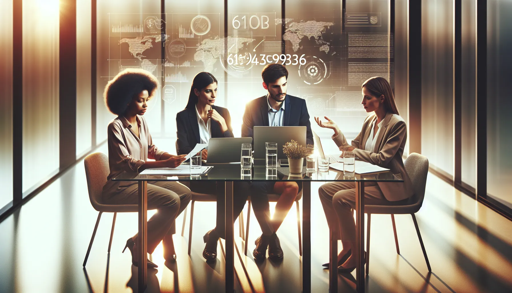 diverse team discussing information in a modern office setting.