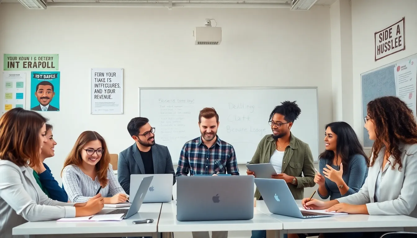 teachers brainstorming side hustle ideas in a bright classroom.