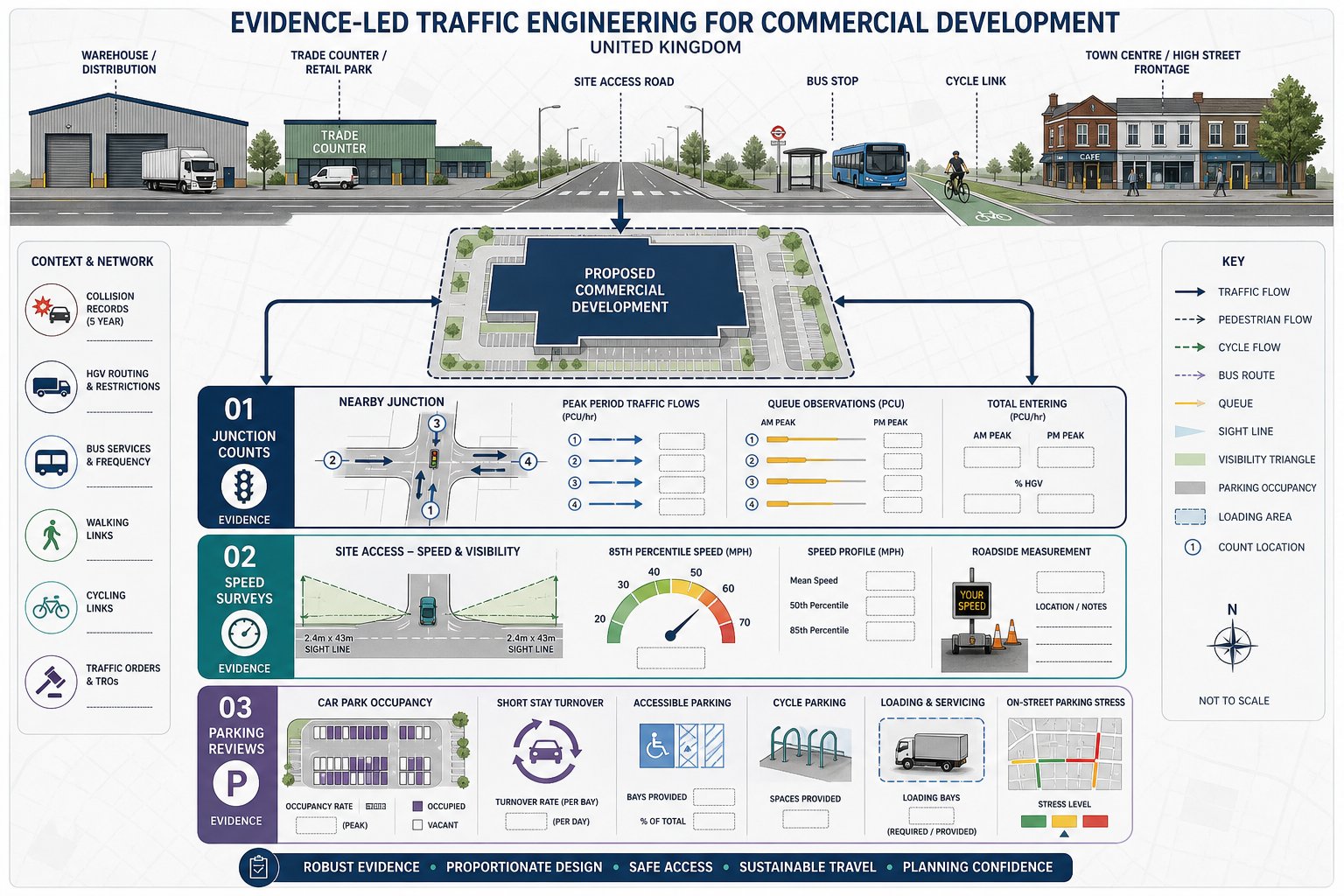 Infographic showing junction counts, speed surveys, and parking reviews for a UK commercial site.