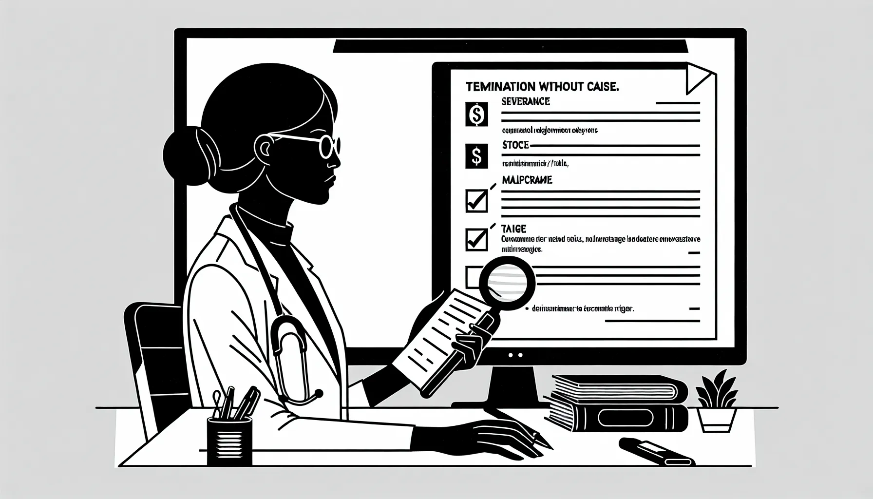 physician at desk examining contract with severance and noncompete checklist