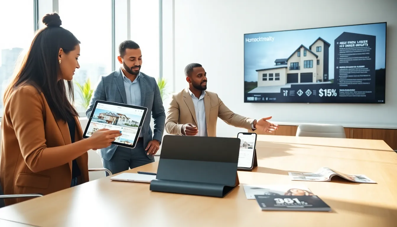 diverse team discussing real estate technology in a modern office.
