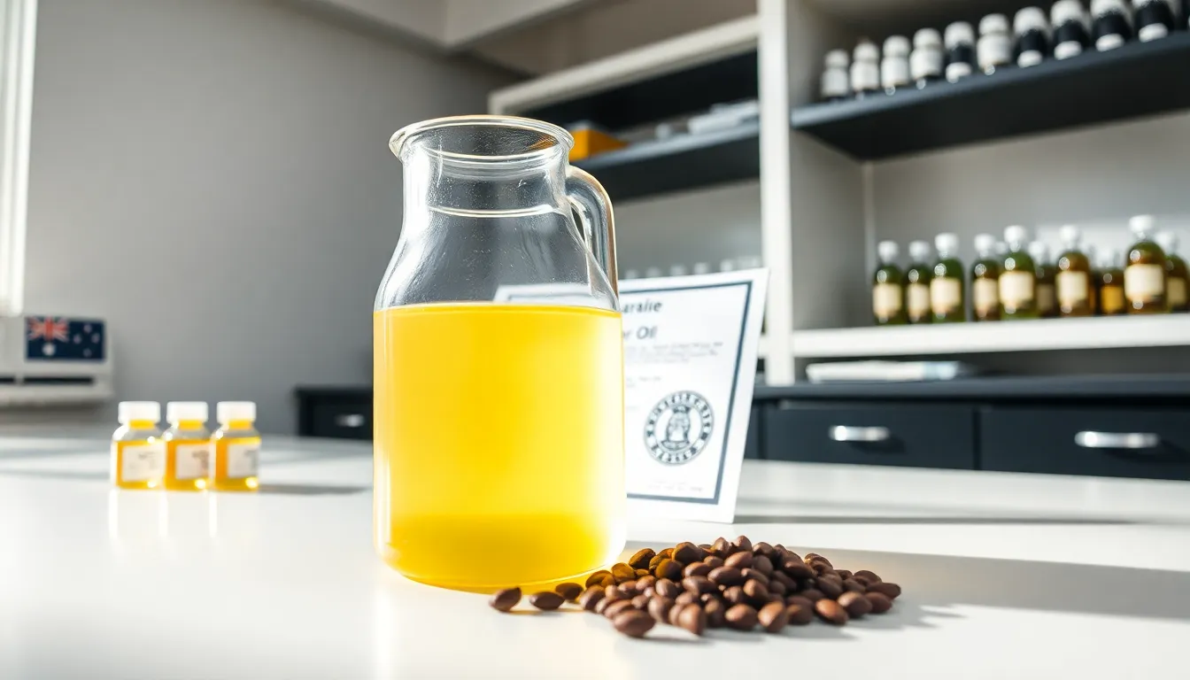 A beaker of castor oil and seeds on a lab countertop in Australia.